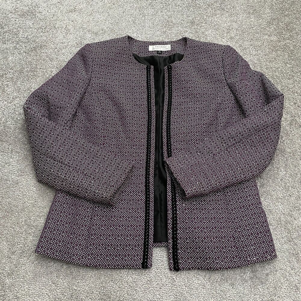 Tahari Arthur S. Levine Open Coat Blazer Womens 10 Purple Geometric Lined Work